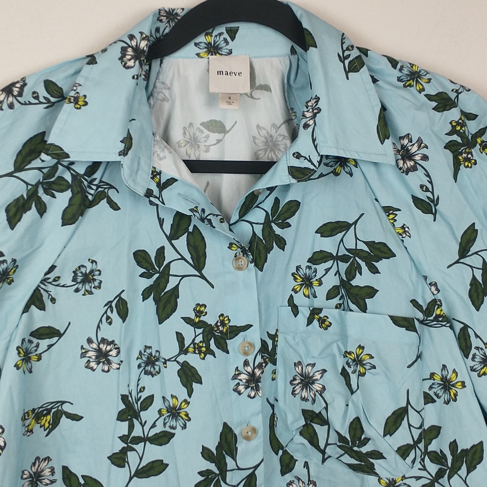 Maeve Light Blue Floral Puff Sleeve Button Front Blouse - Picture 3 of 10